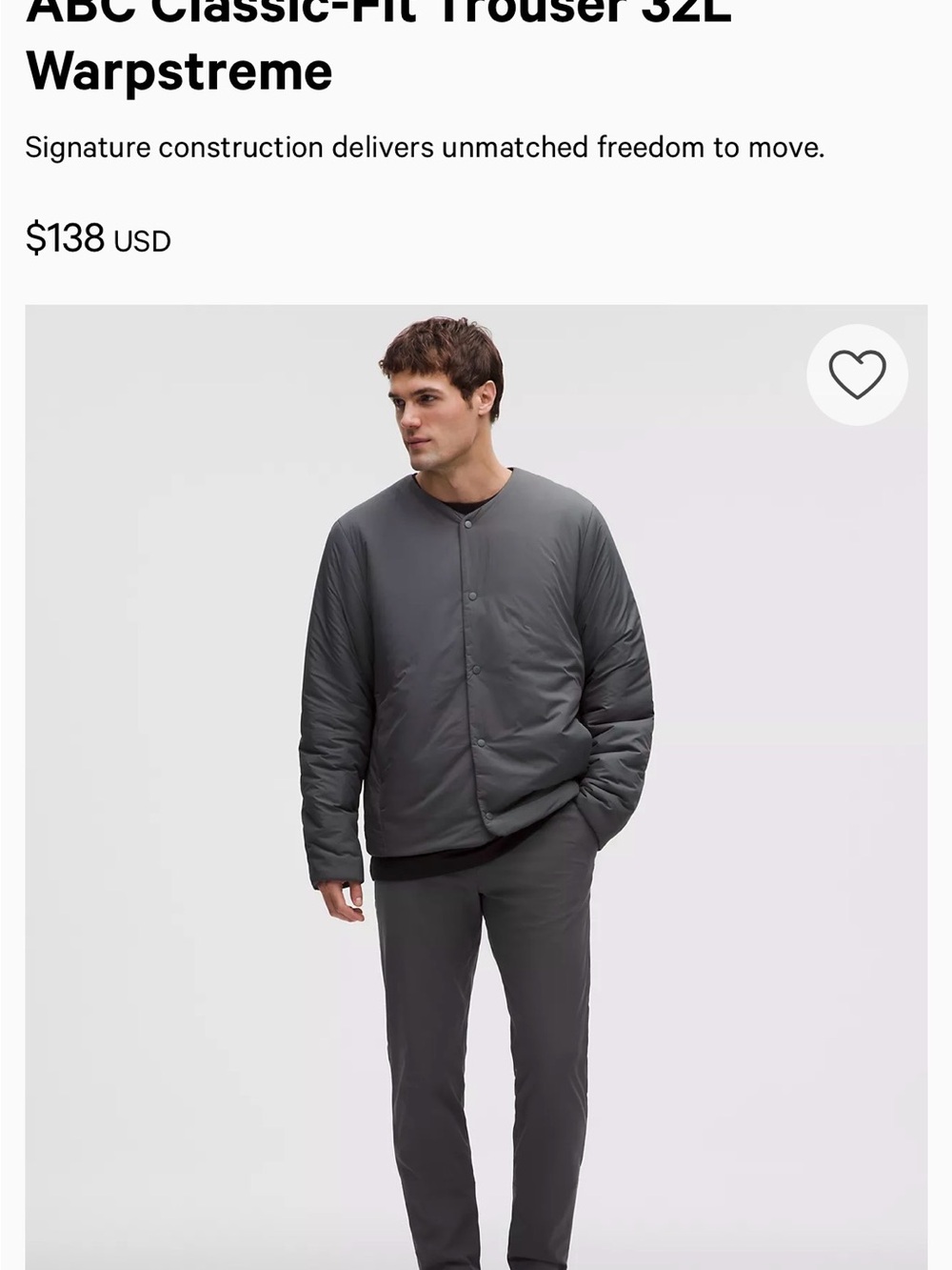 lululemon athletica Men's ABC Chino Pants in Grey.  42x32